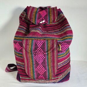 Artesanias‎ MR Pinzon Woven Boho Backpack Pink Multi Stripe Drawstring Bag
